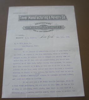 1906 TOWER MANUFACTURING & NOVELTY Co. Letterhead Document N.Y. Stationery