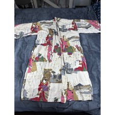 Vintage Japanese Geisha Samurai Landscape Print Kimono Robe Pink Gold Metallic