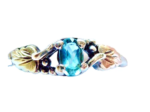 VINTAGE  BLUE TOPAZ STERLING & 12K ROSE  YELLOW GOLD BLACK HILLS GOLD RING SZ 7