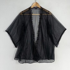 Vintage Made In California Lingerie Topper Kimono Sz Small Black Sheer Lace Trim