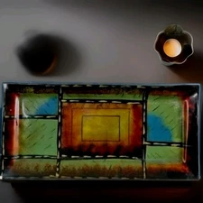 Mid Century Glass Abstract Art Rectangle Trinket Dish 6.5“ x 4.0" with hanger