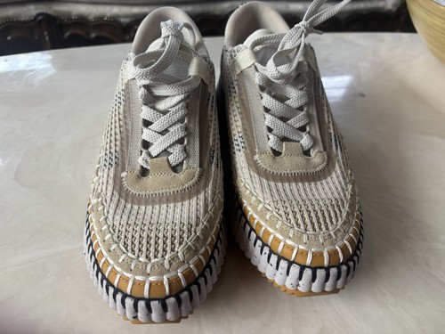 Chloe Nama Knit Whipstitch Platform Sneakers Beige Biscotti Size EU 38 US 8