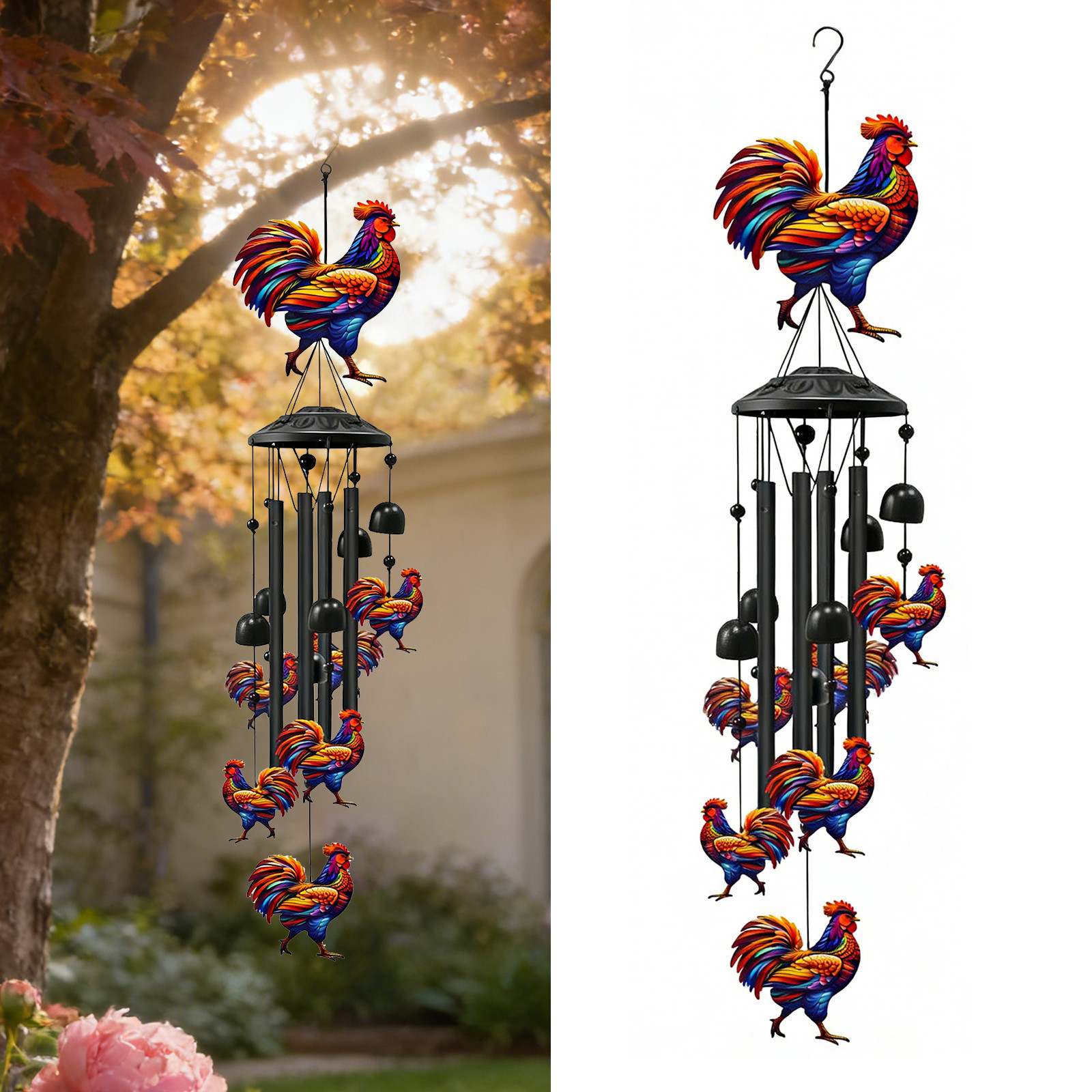 Large Rooster Wind Chimes Outdoor Garden Decor Colorful Aluminum Tubes Hanging