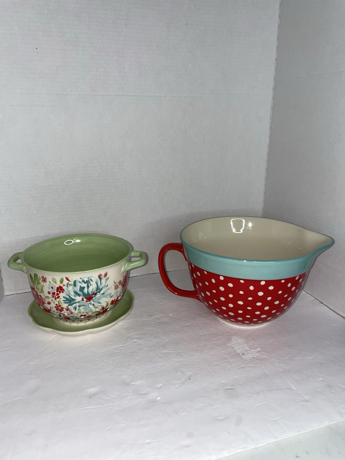 Pioneer Woman Mixing Batter Bowl Polka Dots & Garden Colander with Drip Plate