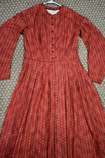 Civil War Victorian Pioneer Cotton Day Dress Handmade Crimson Western Stripe - M