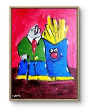 Original Art Fish and Chips 14x11 Bold Color Modern Abstract Canvas