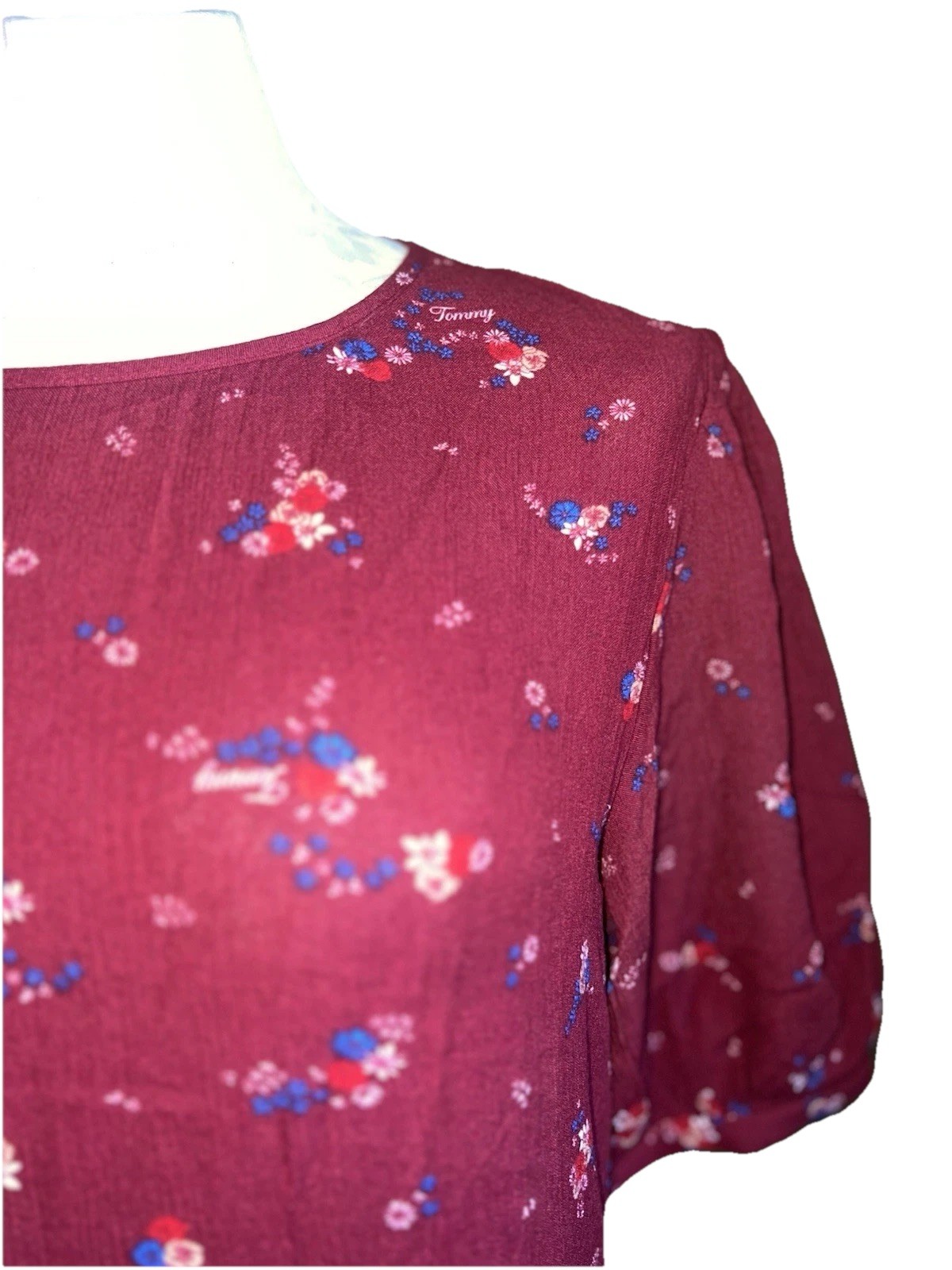 Tommy Jeans Burgundy Floral Print Tiered A-Line Short Sleeve Dress Sz SMALL, NWT thumbnail 11