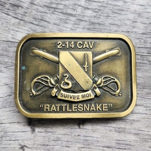 2-14 CAV "Rattlesnake" Suivez Moi Militaria Brass Tone Belt Buckle ~3" Wide