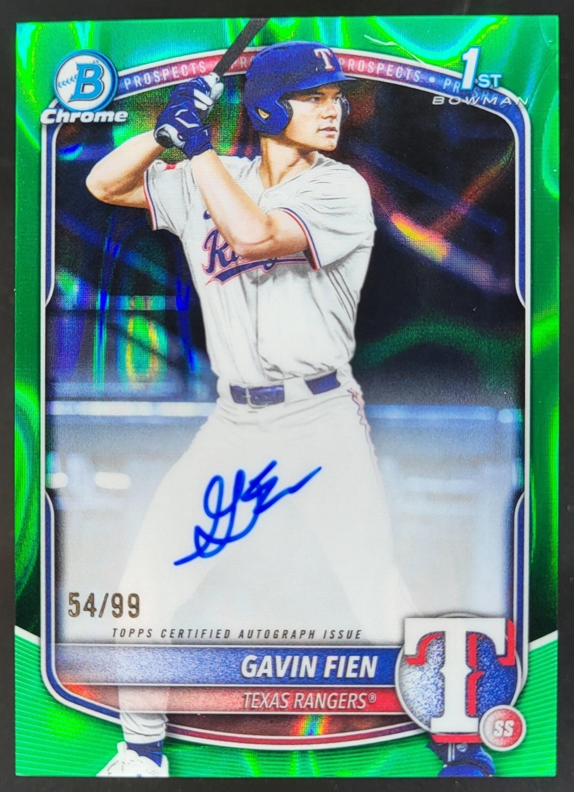 2025 Bowman Draft Gavin Fien Chrome Auto Green Lava Refractor /99 1st Rangers SO