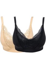 Rhonda Shear Women's 2-pk Molded Cup Lace Bra Invisible Edge Blk/Beige