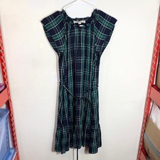 LOFT Dress Blue Green Plaid Shift Belted Short Sleeve Pleated Lined Size 2