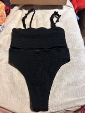 Women's Large Black Smocked Bikini Set Ruffle Strap High Waisted Swimsuit