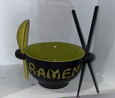 Black Green Ceramic Ramen Bowl Set Matte Dishwasher Microwave Safe 3-Piece