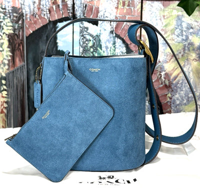 NWT Coach Bleecker Bucket Bag 21 Crossbody & Pouch CCW84 In SEA BLUE Suede/Brass