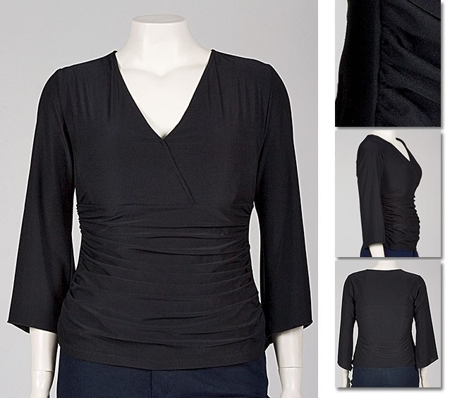 NEW Zaftique 3/4 RUCHED V-NECK Top BLACK 00 0Z 1Z 3Z 6Z 12 14 16