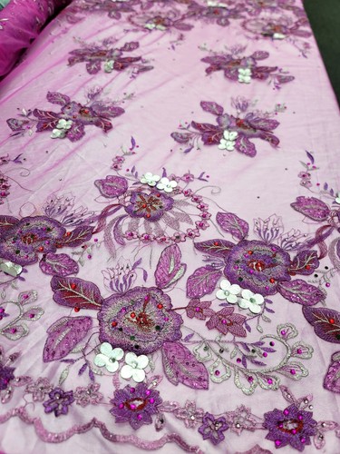 Floral Lace Beaded Magenta 3d Flowers Embroidery Fabric Sold By Yard For Dress - Picture 9 of 11