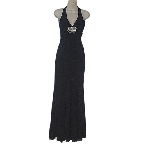 Vestido de noche halter negro con adorno de diamantes de imitación y capas transparentes que fluyen - Imagen 2 de 9