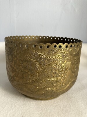 VTG Brass Planter Bowl,Punched Scalloped Edge And Etching