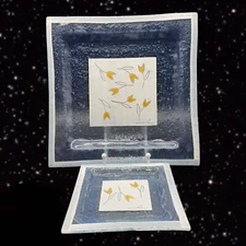 Fused Art Glass Plate set 2 Hand Painted Flowers 2001 Marked 9.5”W 5.5”W