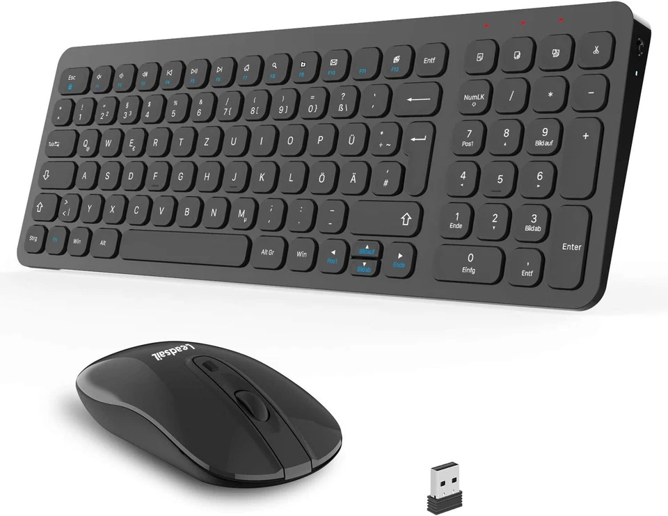 Clavier et souris sans fil, 2,4 GHz QWERTZ souris silencieuse sans fil Leadsail