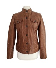 Vintage Early Y2k Gap Genuine Leather Trucker Jacket Women's Carmel Tan. Small/p