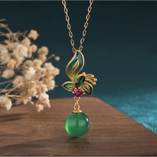 Jade Crystal Pendant Necklace Charm Gold Plated Chain Flower Dainty Gemstone