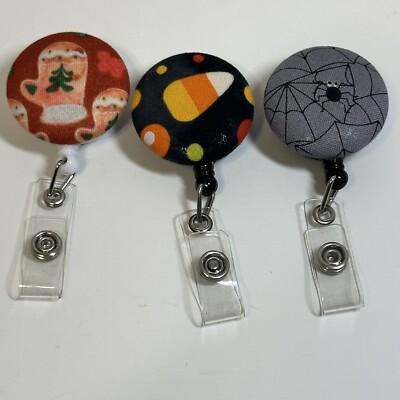 Retractable Badge Holder Lot Of 3 Holiday Christmas Candy Corn Spider Web Funny