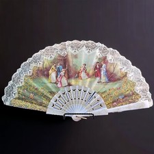 VTG Victorian Style Folding Hand Fan Celluloid Fabric Floral Lace Gilded Spain W