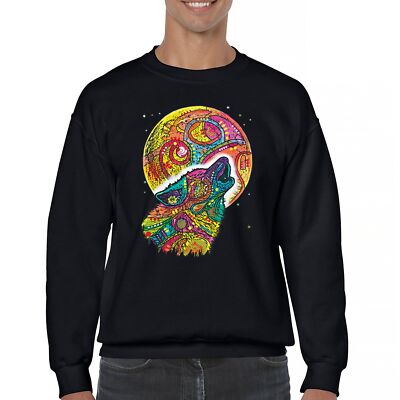 Howling Wolf and Moon Sweatshirt Dean Russo Colorful Wild Life Crewneck