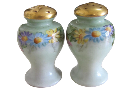 Vintage Noritake Salt & Pepper Shakers -Green & Gold w/Florals BULBOUS 3" Tall - Picture 2 of 9