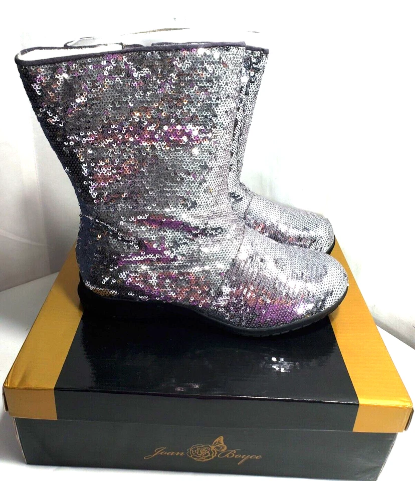 Womens Joan Boyce Size 6 Silver Sequins Disco Cold Weather Boots Faux Fur Lined - Image 3 of 4