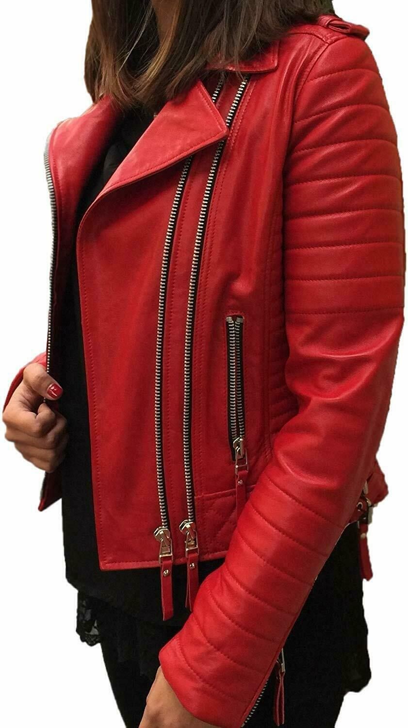 Women Red Lambskin Motorcycle Jacket Genuine Leather Double Zipper Biker Jacket