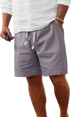 Men's Linen Shorts Elastic Waist Drawstring with Pockets Casual Summer Beach - Picture 14 of 27