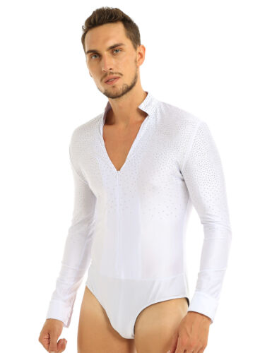 Mens Shiny Rhinestones V-neck T Shirt Bodysuit Long Sleeve Latin Dance Leotard - Picture 18 of 43