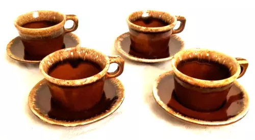 Set of 4 Vintage Hull Crestone Brown Drip Coffee Cup Mug Saucer D Handle