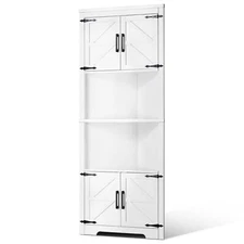 68" Corner Storage Cabinet w/4 Wooden Doors & Adjustable Shelves White