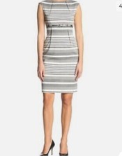 Calvin Klein Belted Gray Silver Ivory Empire Waist Sheath Dress 8 Work Occasion
