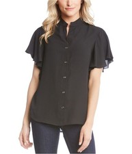 Karen Kane Womens Ruffle Sleeve Button Down Blouse, Black, X-Small