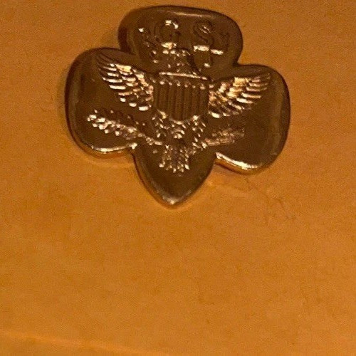 Vintage Girl Scouts USA Eagle Trefoil Pin Gold Tone Metal Uniform Badge nice