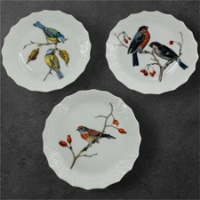Limoges Set Of 3 France Bread Butter Plates Birds Finch Blue Tit Scalloped Edge