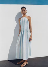 Mango Striped Linen Halter Maxi Dress Womens Size 4 Small Blue Coastal