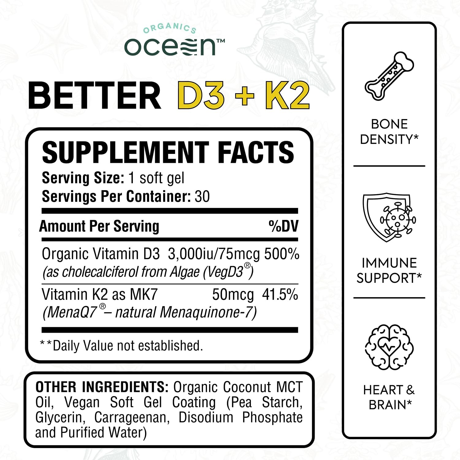Organics Ocean Better D3 + K2, Organic Vitamin D3 K2 Supplement, 30-Day Supply