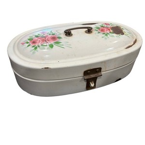 Antique German Big BREAD BOX White Enamel Brass Handle Vented Bin w/ Roses