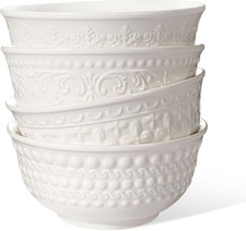 Cereal Bowls Set of 4 - Ceramic Soup Bowls for Kitchen 30 Oz Embossment White Br