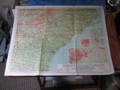 NORTH/SOUTH CAROLINA, GEORGIA AND EASTERN TENNESSEE MAP National Geographic 1926