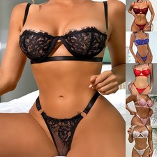 Set Lingerie Sexy Pizzo Ricamato Donna Reggiseno Trasparente con Slip Push Up