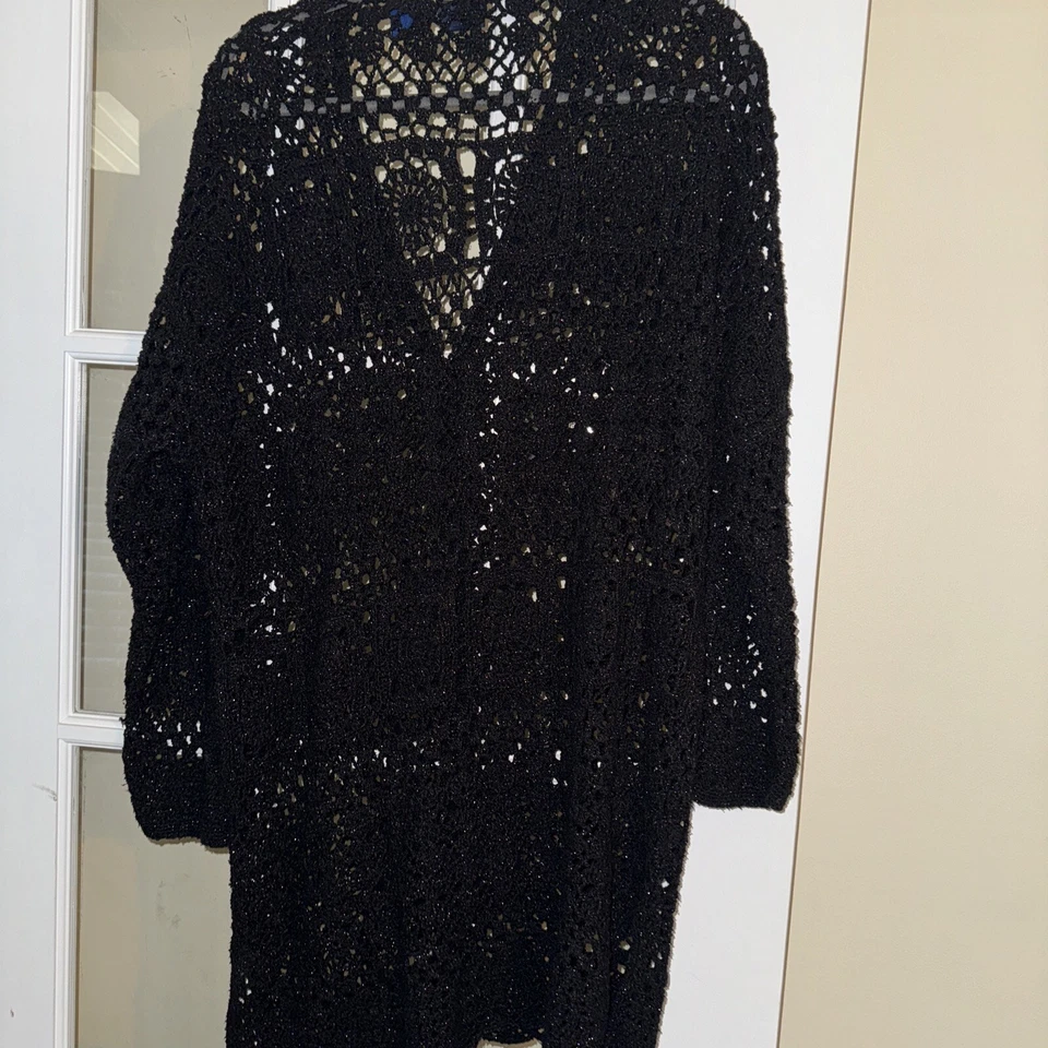 Cárdigan deportivo vintage Liz M negro plateado metálico ganchillo a mano botones Foto 4 de 4