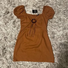 FOREVER 21 Brown Puff Sleeve Ring Accent Mini Dress Square Neck Zip, Size L