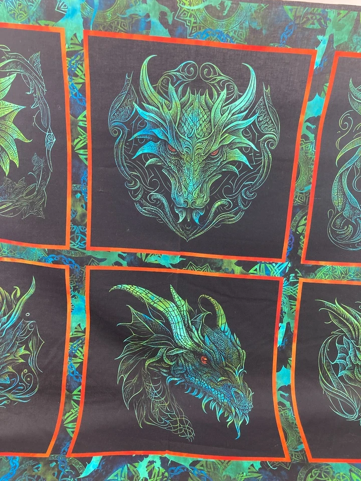 Panel de tela cabezas de dragón Emerald Reign 6 bloques verde azul celta 31" x 44" Foto 3 de 4