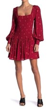Free People Two Faces Mini Dress sz Small Stretchy Smocked Floral Square Neck R1